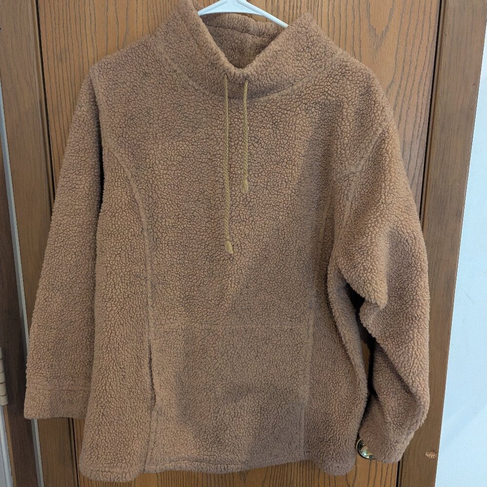 Euro Joy Sherpa Pullover Outerwear Jacket Drawstring Collar Central Pocket Tan-M